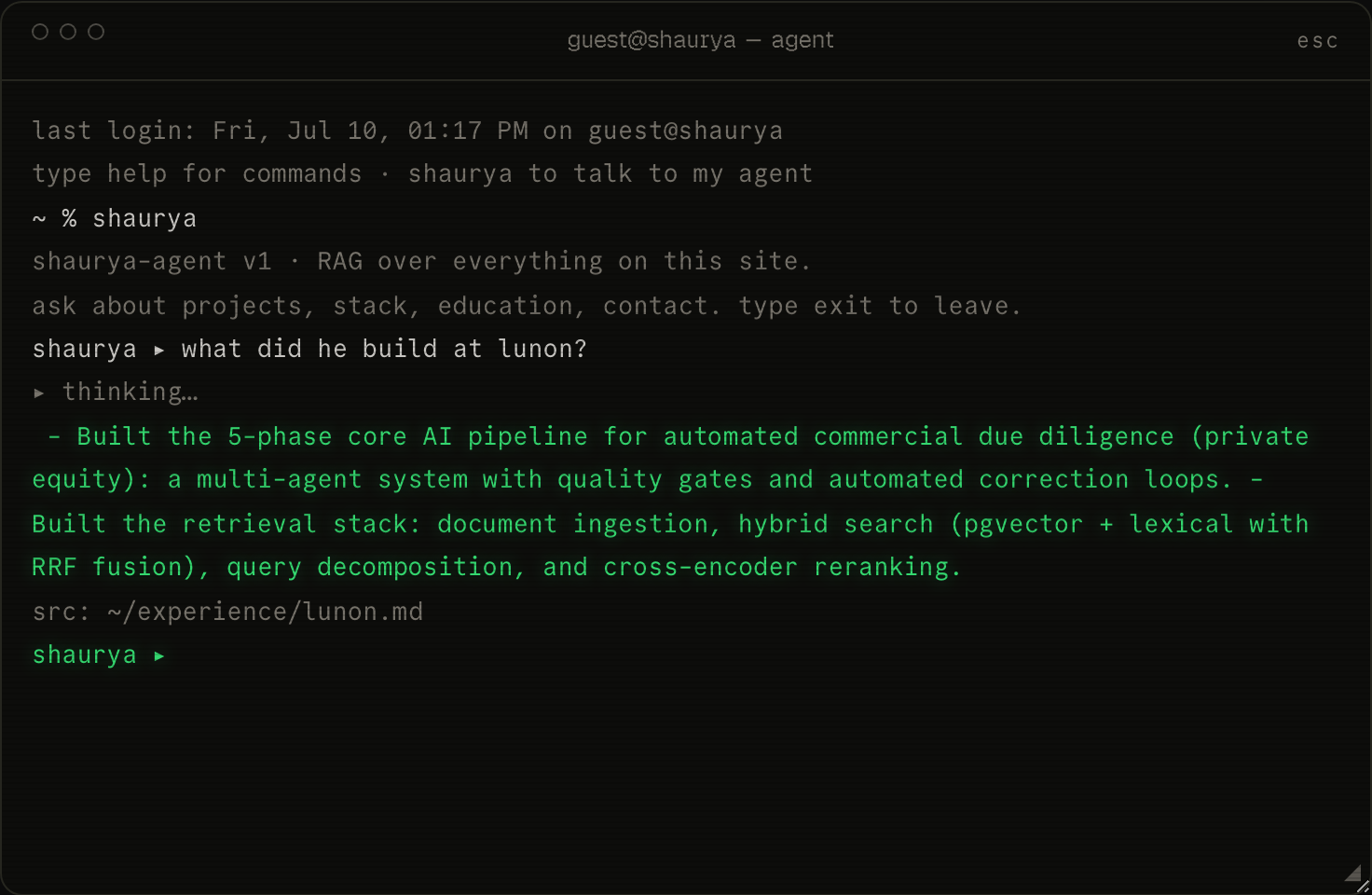 The site's terminal with the shaurya agent answering a question and citing its source file